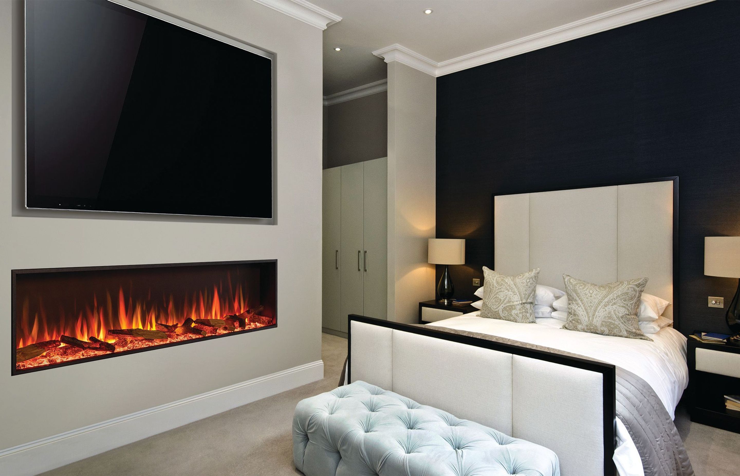 The eStudio 135R log fuel effect is shown here with the optional mood lighting kit.