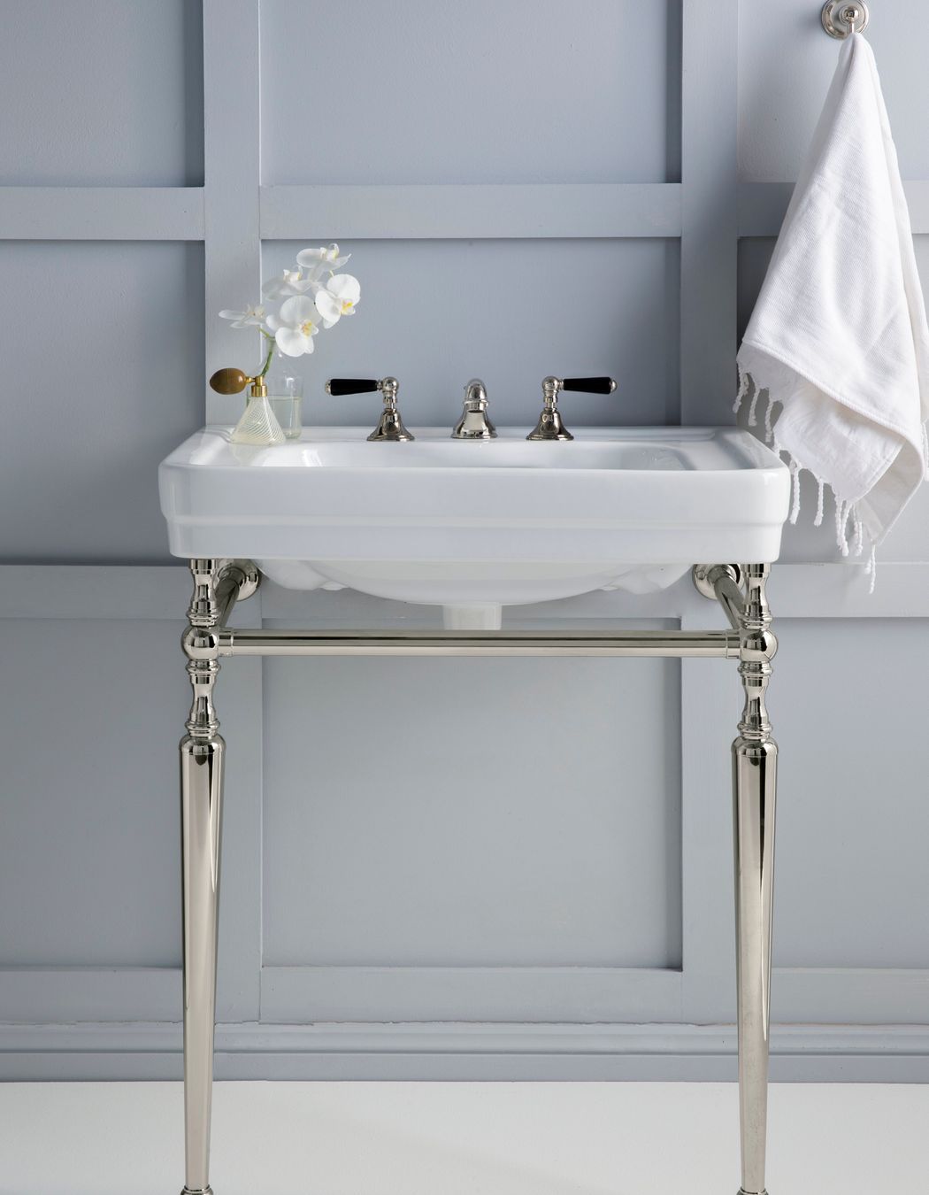 This porcelain basin and 3 tap set up is perfect for villas with low pressure water (Edwardian Nickel black porcelain basin and tapware from the Astra walker range)