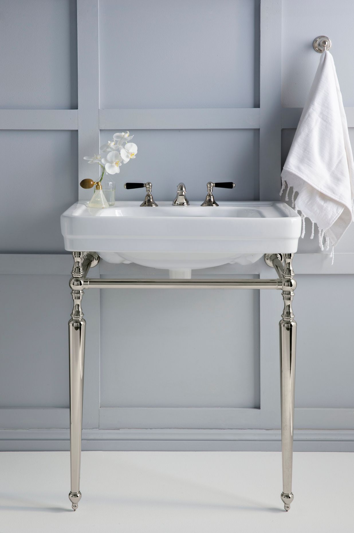 This porcelain basin and 3 tap set up is perfect for villas with low pressure water (Edwardian Nickel black porcelain basin and tapware from the Astra walker range)