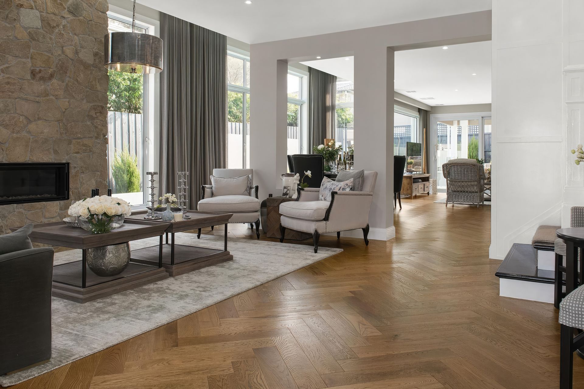 Engineered timber floorboards come in various patterns, such as herringbone.