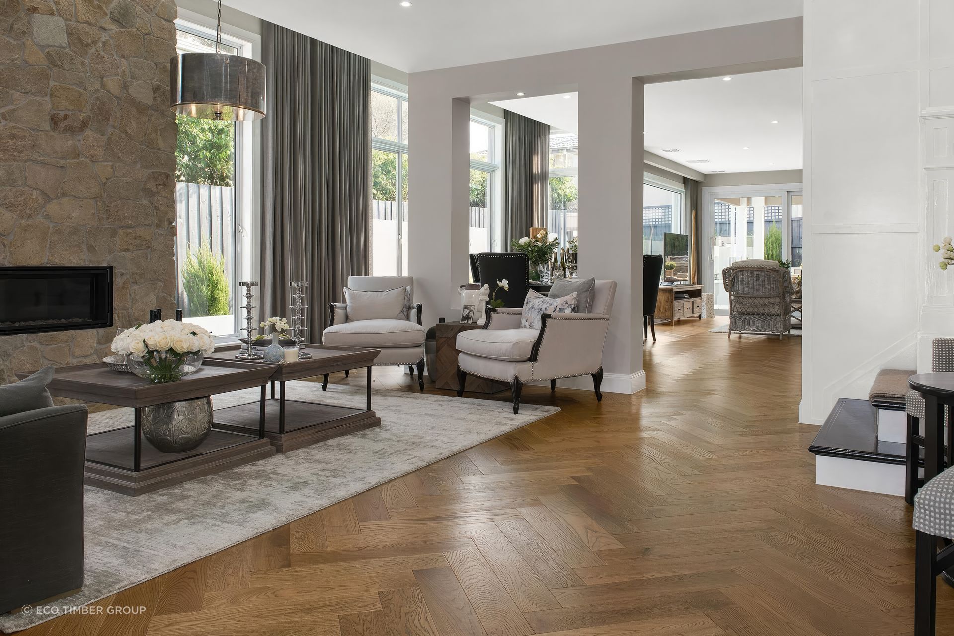 Engineered timber floorboards come in various patterns, such as herringbone.