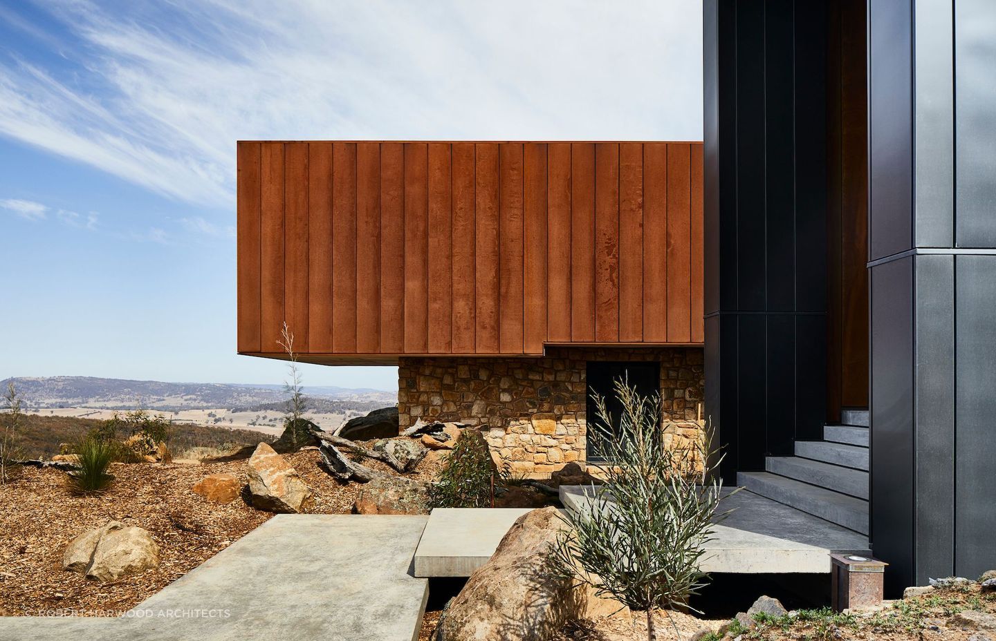 The beautiful patina of the corten steel exterior on full display. Photography: Armelle Habib