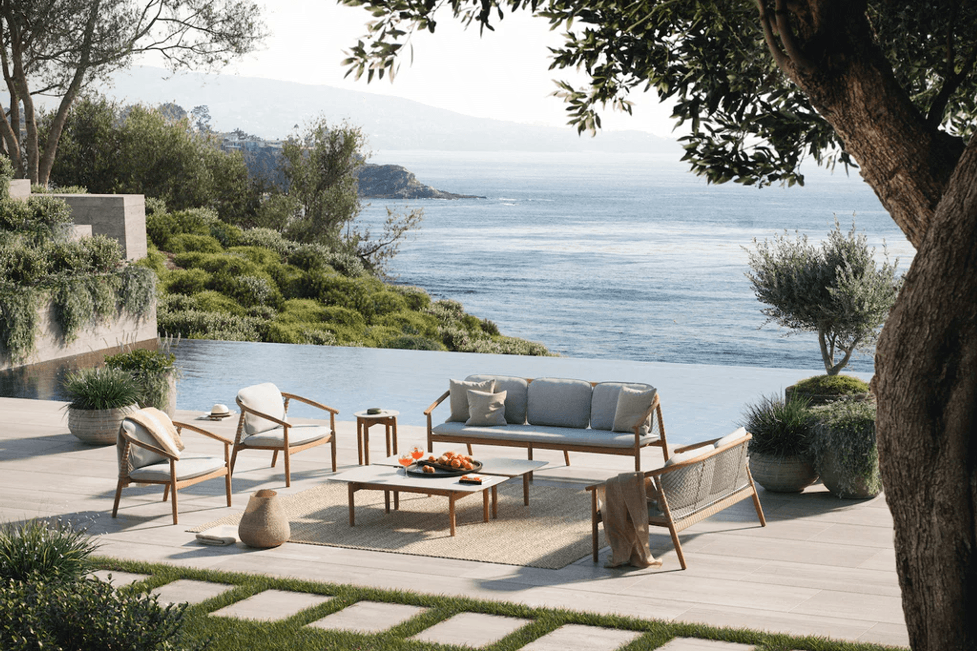 This Forrest Sofa features a teak frame and breathable weave.