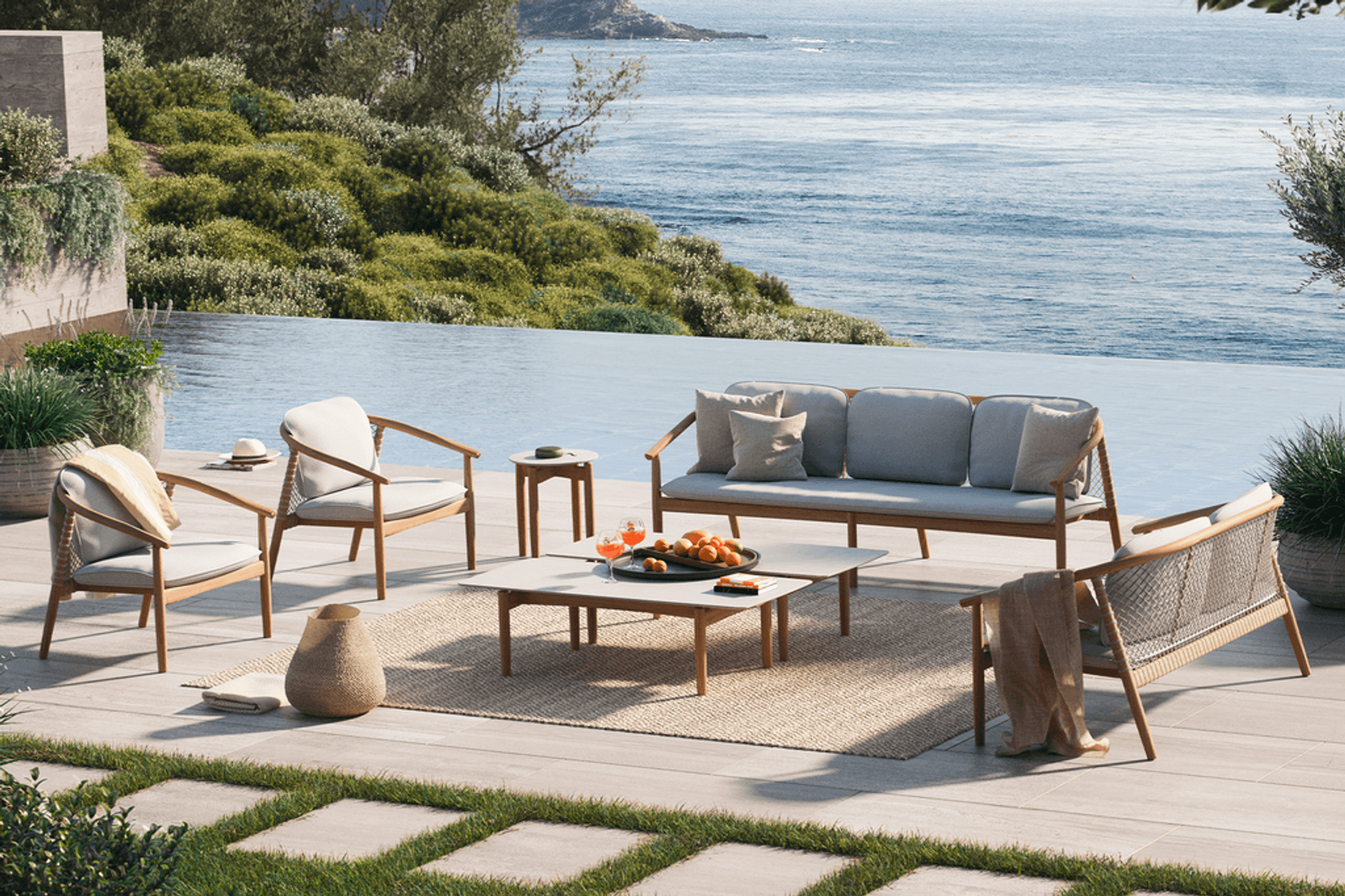 The Forrest Lounge Collection boasts solid teak frames. These frames will develop a patina over time without additional maintenance.