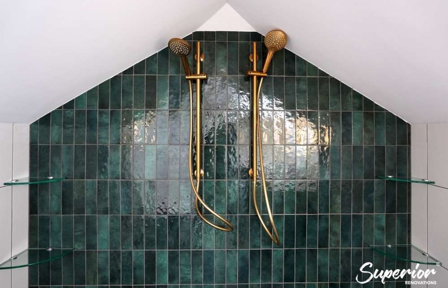 Green Casablana tiles installed in one of the walls of the shower to add some drama in the bathroom (Bathroom renovation in Westmere)