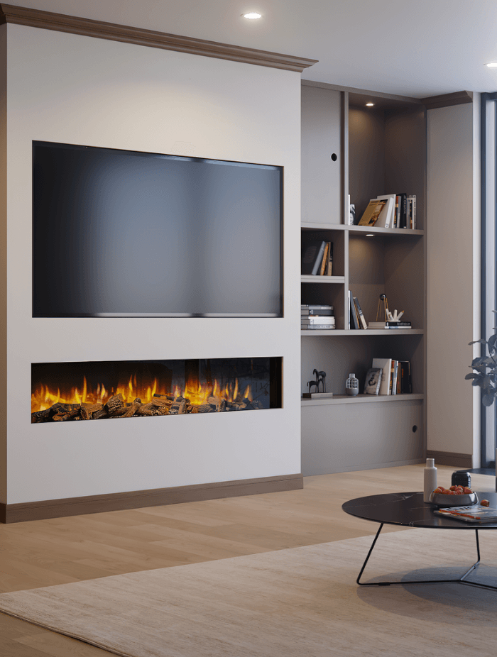 Electric fireplaces such as the Ilektro Two Thousand Landscape complement other pieces of decor in a living space.