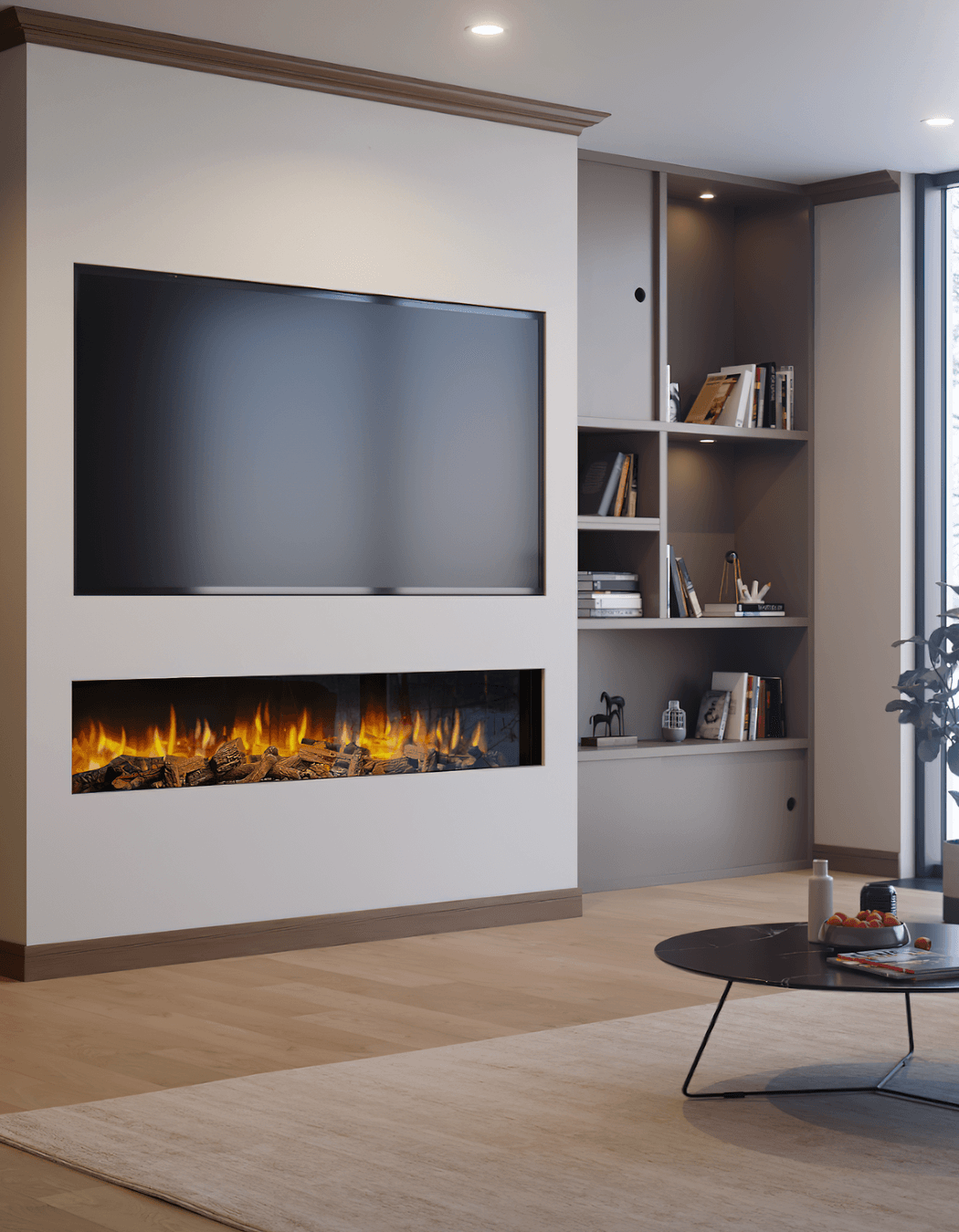 Electric fireplaces such as the Ilektro Two Thousand Landscape complement other pieces of decor in a living space.