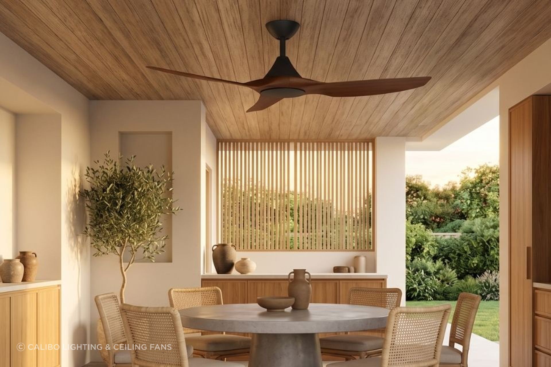 The Calibo CloudFan Black & Koa. Warm timber, considered design — and a finish that does the sustainability talking before a single blade turns.