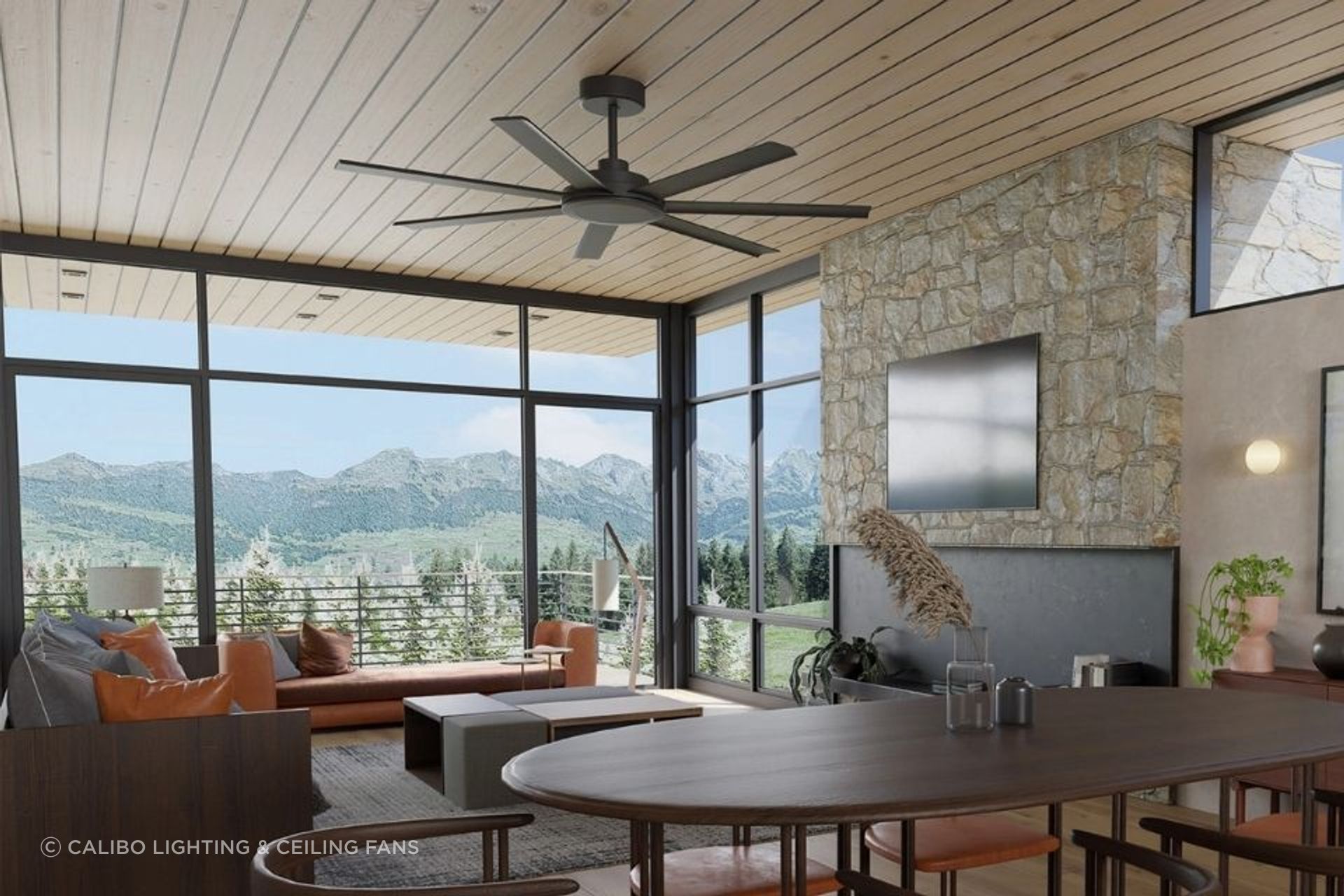 High ceilings demand more. The Calibo Alula (black) delivers — seven blades, DC efficiency, architectural scale.