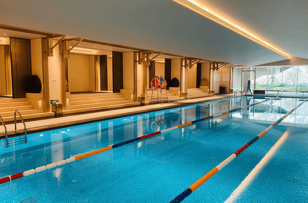 Swimming pool model vs. construction site vs. completion photo