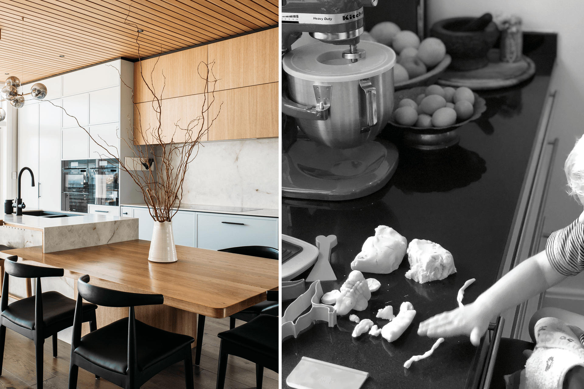 The island has become the kitchen table, and little hands are often there too. Design: Hello Home Interiors. Photo Credit: Anna Briggs Photography + Hello Home