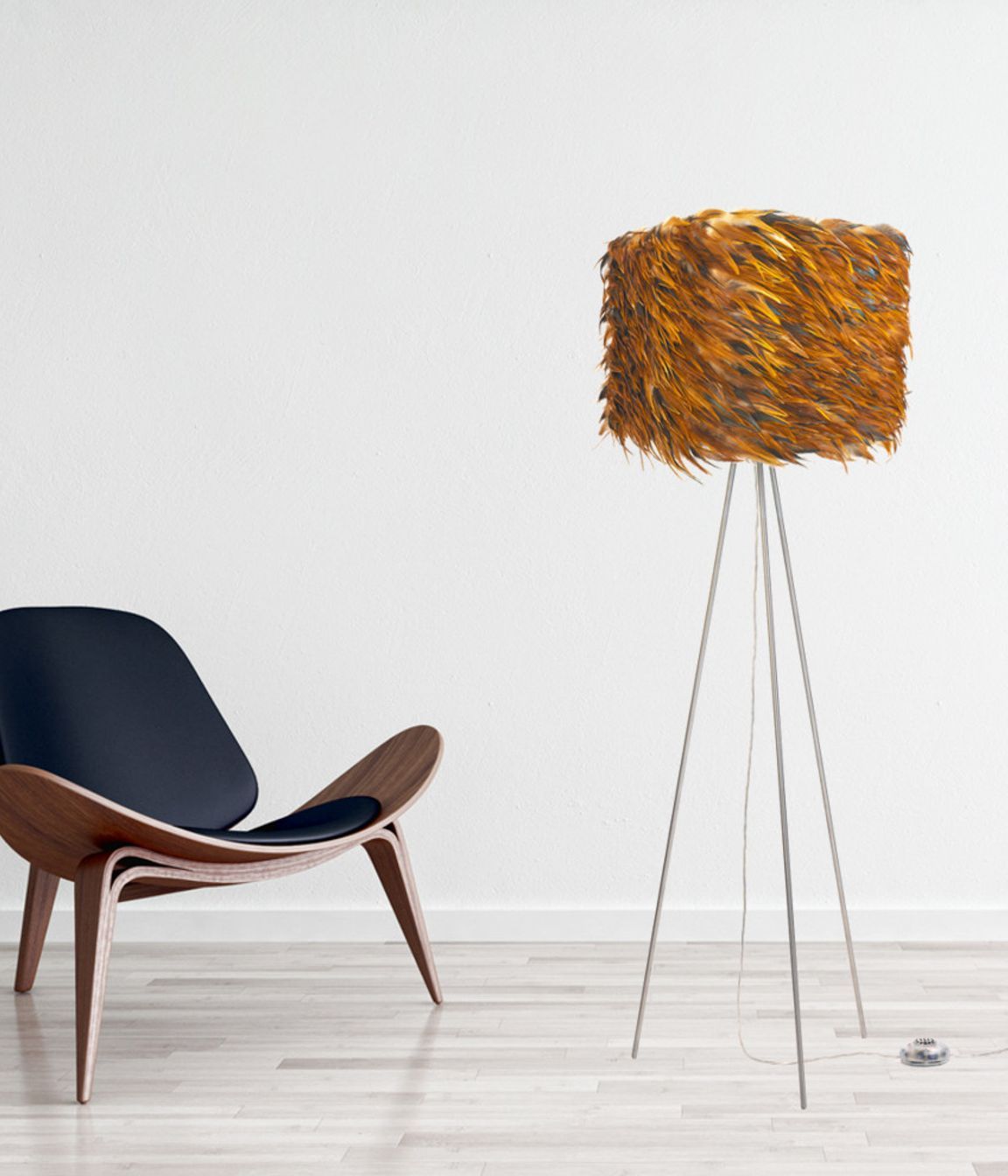 The incredibly stylish and textural feather lamp shade of the Kubus Lamp by Pluma Cubic.