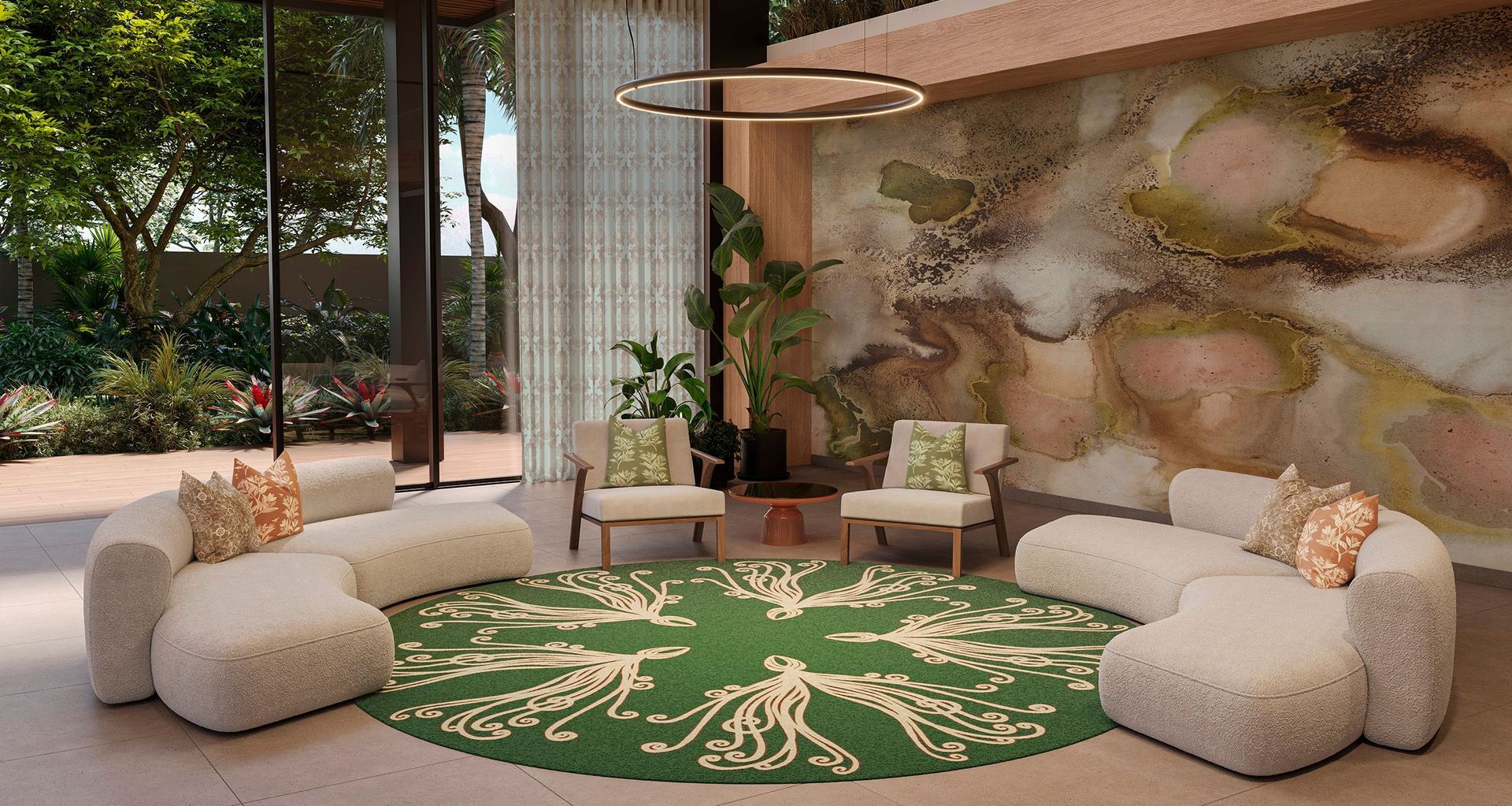 Seed round rug, 100% New Zealand hand-tufted wool, in colour Forest Dark, shown with Miranda Brown textiles and wall covering