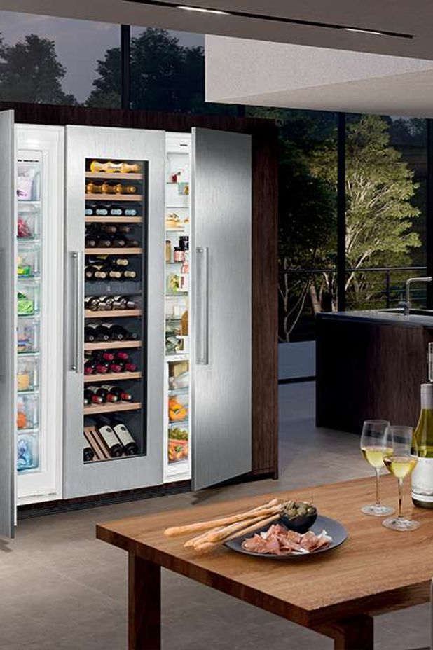 Liebherr Fully Integrated Freezer (SIGN 3576), Integrated Dual Zone Wine Cellar (EWTdf 3553) and Fully Integrated Fridge (SIKB 3550).