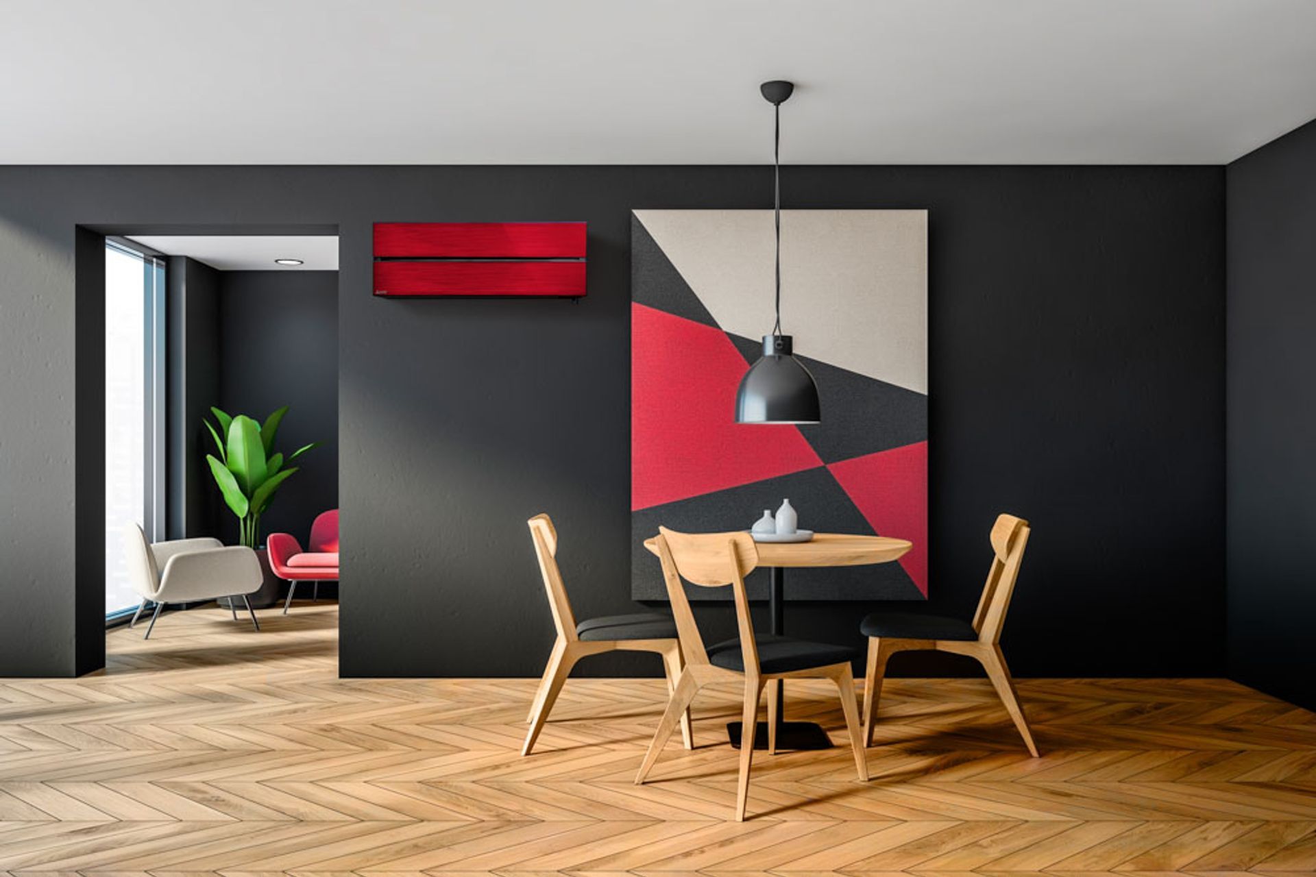 The OmniCore Multi Room Heat Pump System can be used in conjunction with any Mitsubishi Electric indoor unit, including the stunning Black Diamond LN series, seen here in the Red Diamond finish.