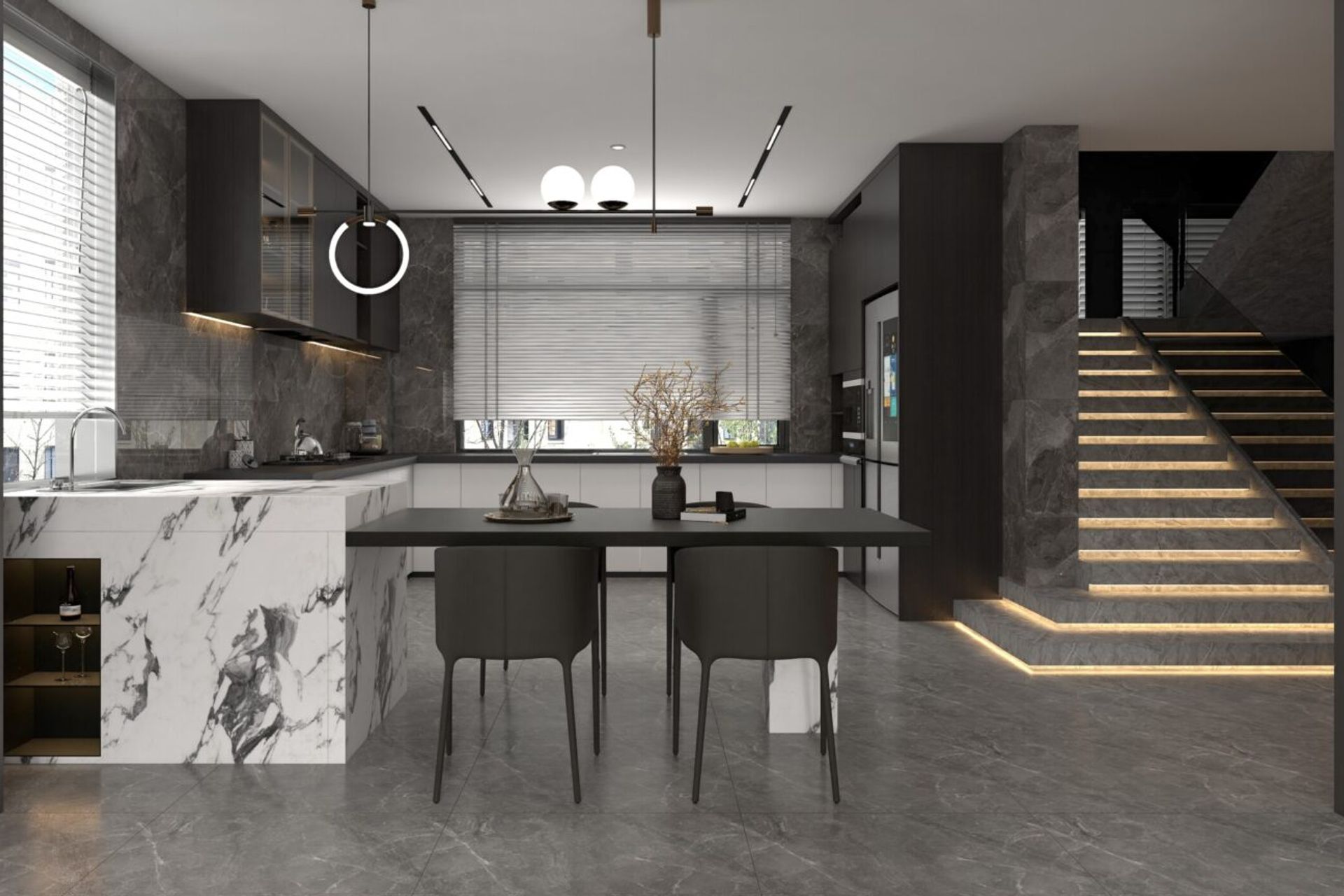 This Kitchen renders by our designer Sachi from the design studio showcases the clever use of layered lighting, and a harmony of various textures and materials creating a cohesive design.