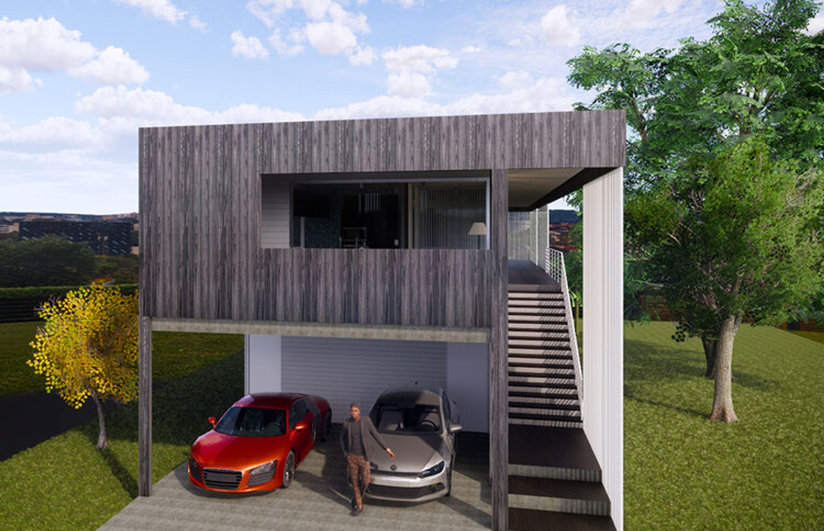 Modernist Series design with Shou Sugi Ban refined architectural cladding combining the ancient Japanese craft of fire treatment with precision milled, cypress exterior boards.