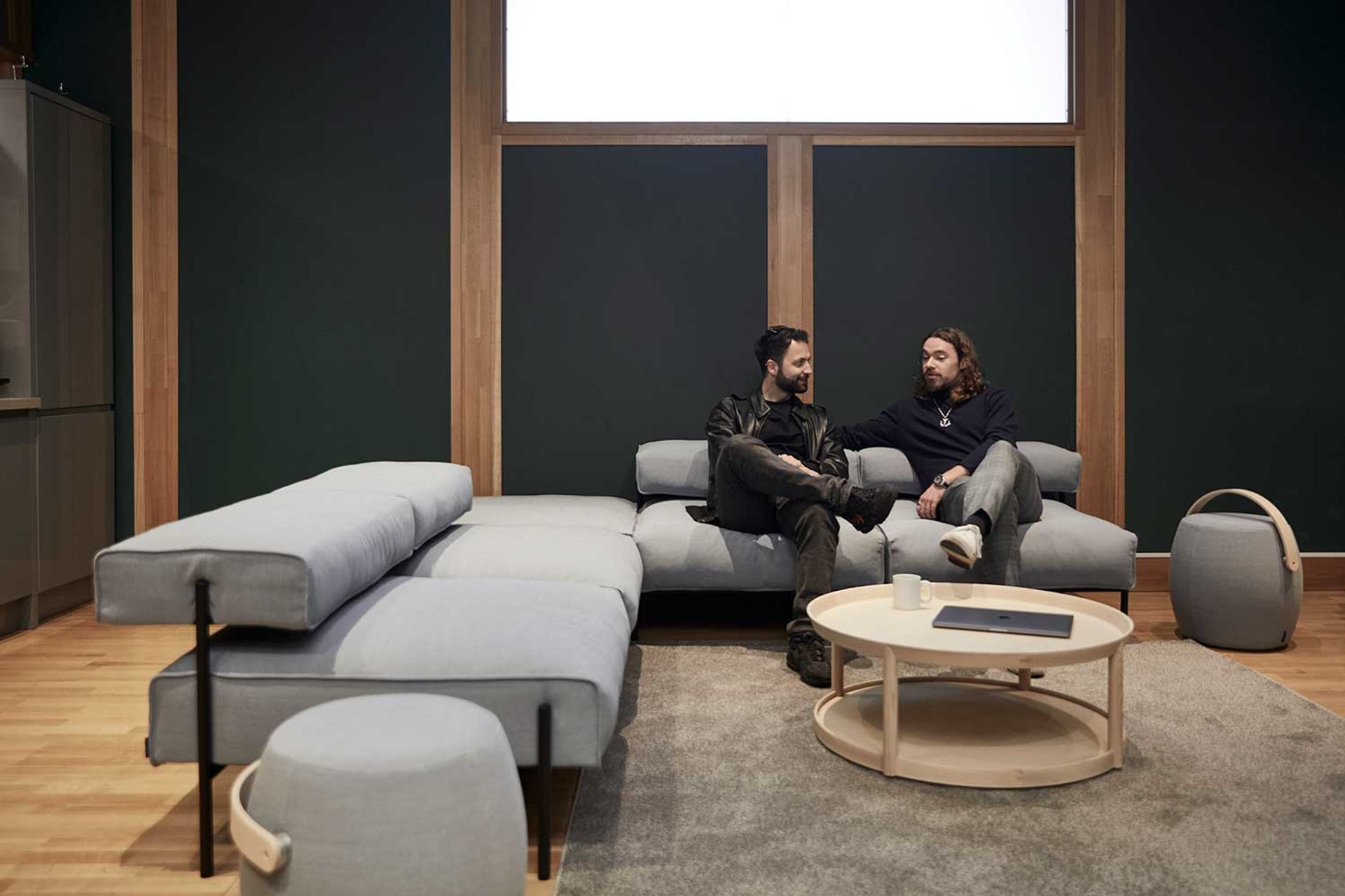 Flokk Carry On stool, Flokk Lucy sofa system, Flokk Archipelago table featured in Abbey Road Institute, London.
