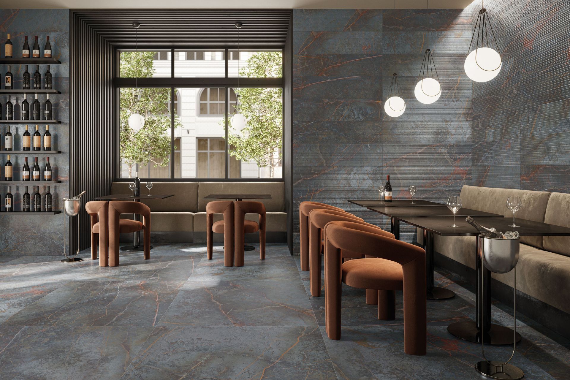 Tiles made from a natural stone each have a unique finish.