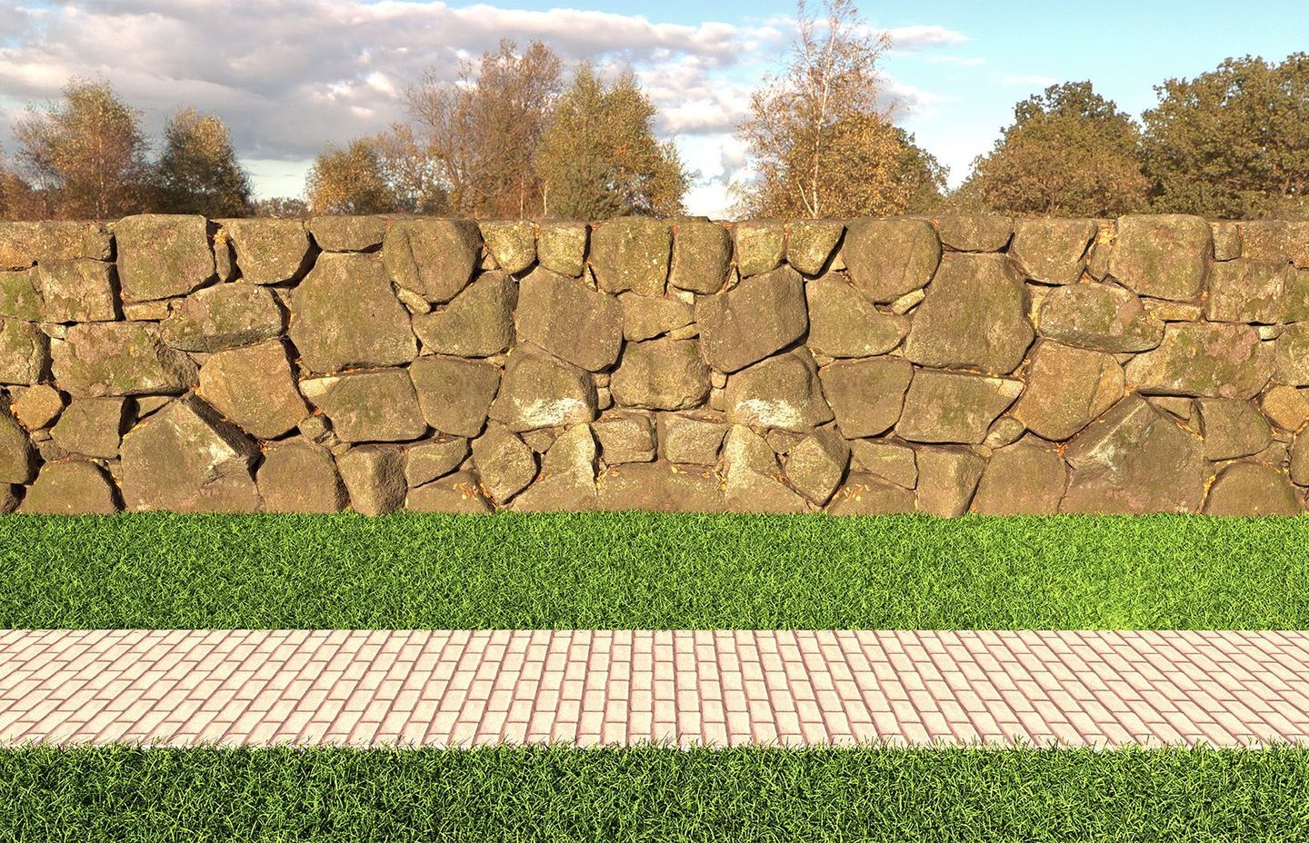 Rendered in ≈10min on an RTX3080 with V-Ray GPU. Using SketchUps included basic materials for the grass and path + V-Ray fur modifier on the grass