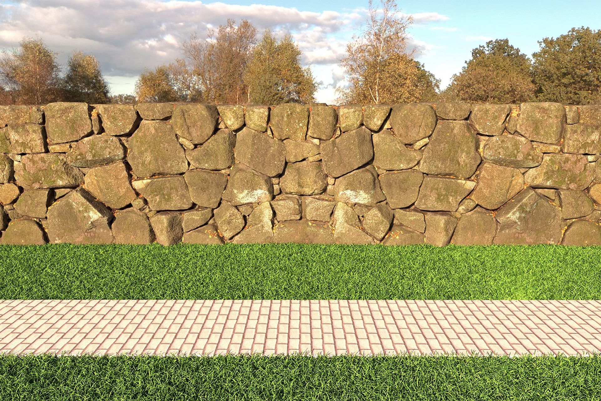 Rendered in ≈10min on an RTX3080 with V-Ray GPU. Using SketchUps included basic materials for the grass and path + V-Ray fur modifier on the grass