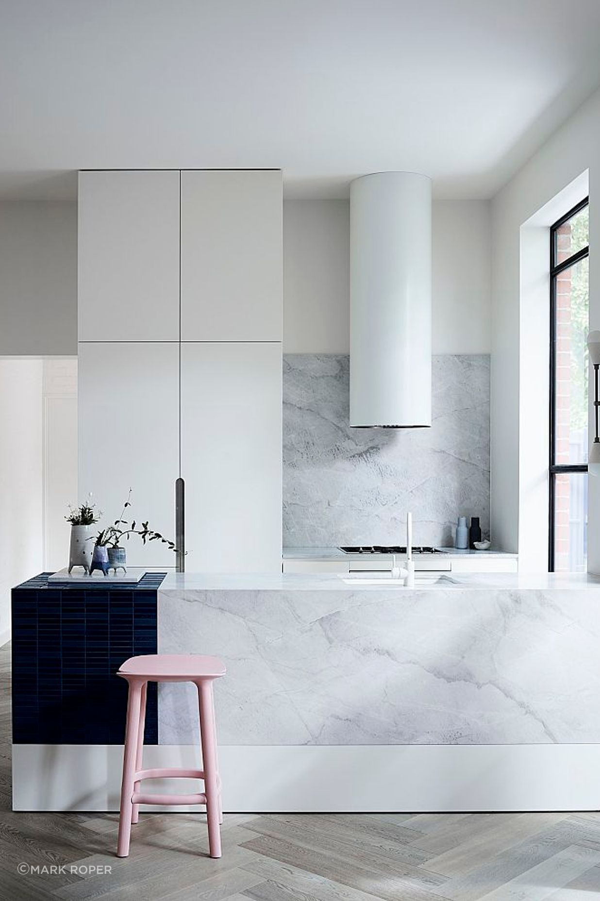 Elba Honed to kitchen island, benchtops and splashback. Design by Lucy Bock Design Studio