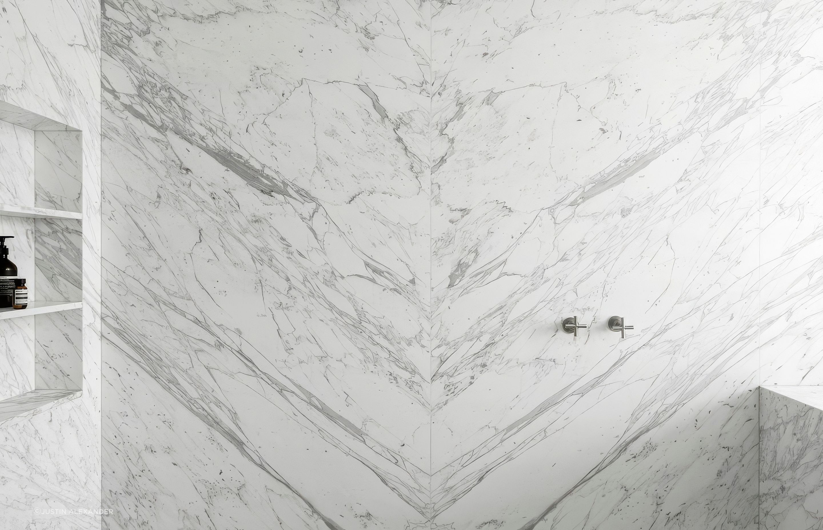 Bianco Gioia marble. Designed by Tobias Partners.
