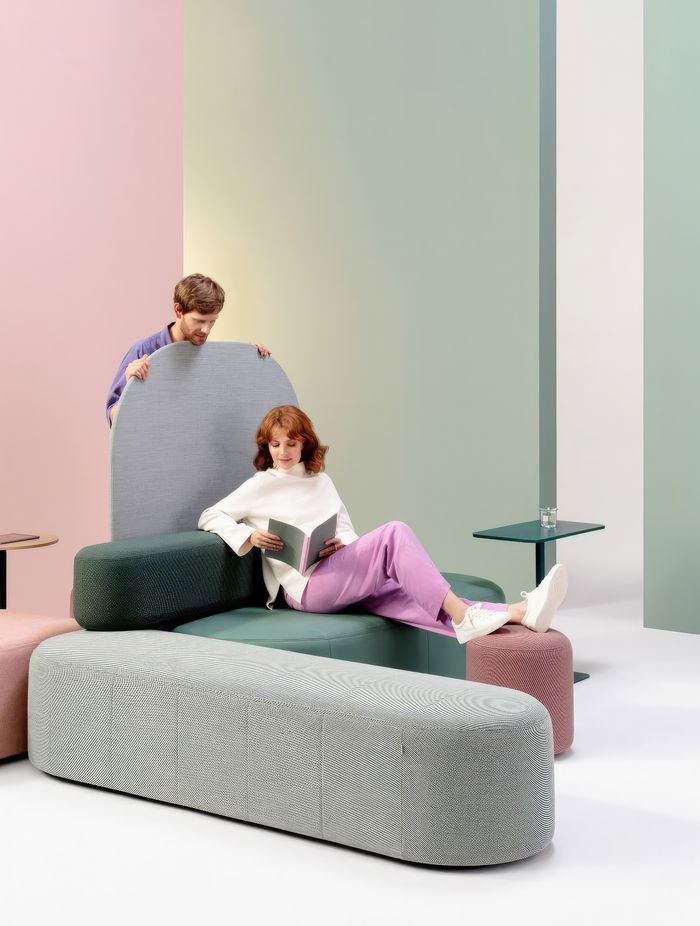 Revo was designed by Pearson & Lloyd for Flokk brand Profim, combining circular thinking with playful design to create a lightweight and versatile workplace furniture system.