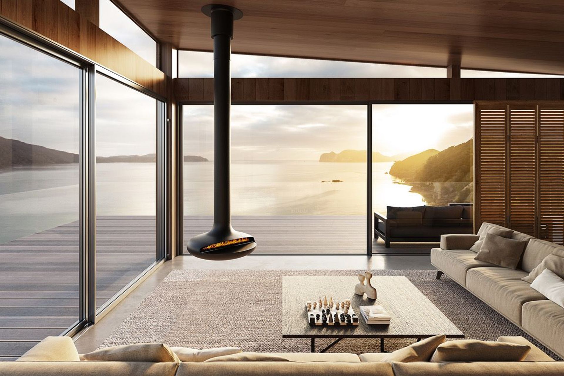 Suspended from the ceiling, the fireplaces are a sculptural addition to a room.