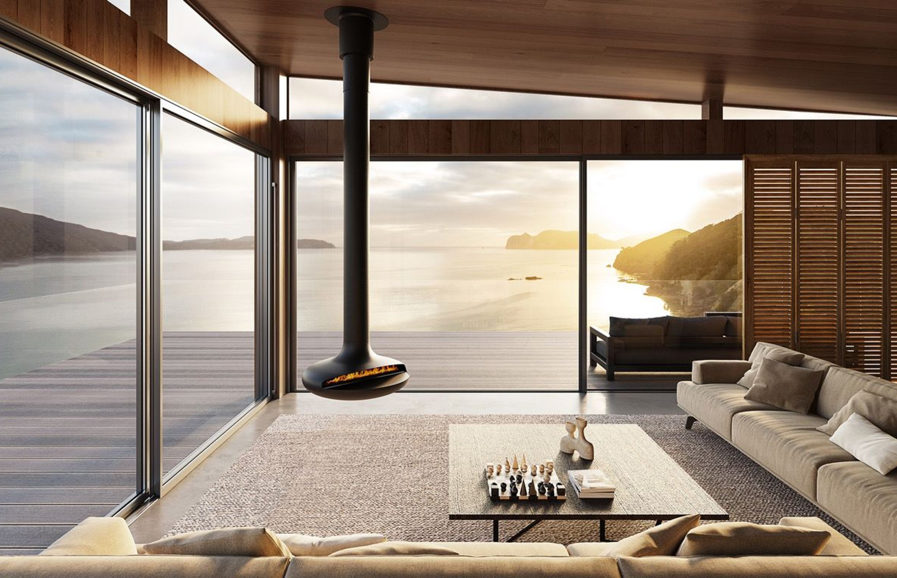 Suspended from the ceiling, the fireplaces are a sculptural addition to a room.