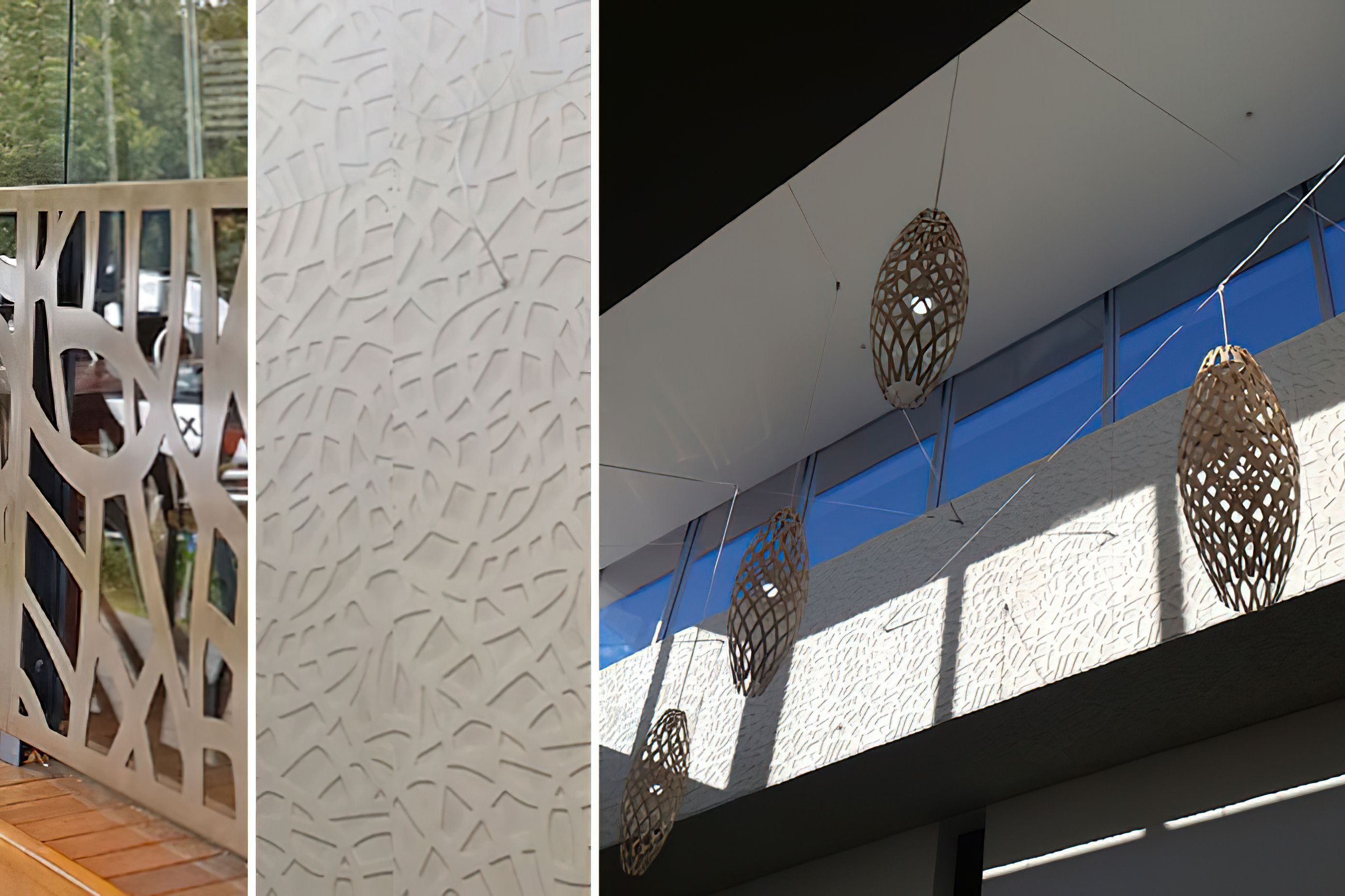 Stella panels from the Stonini 3D Profiles range in the redeveloped Stockland Baldivis. Left and centre: The Chiaro Screen which formed the basis of the design and Stella panel detail.