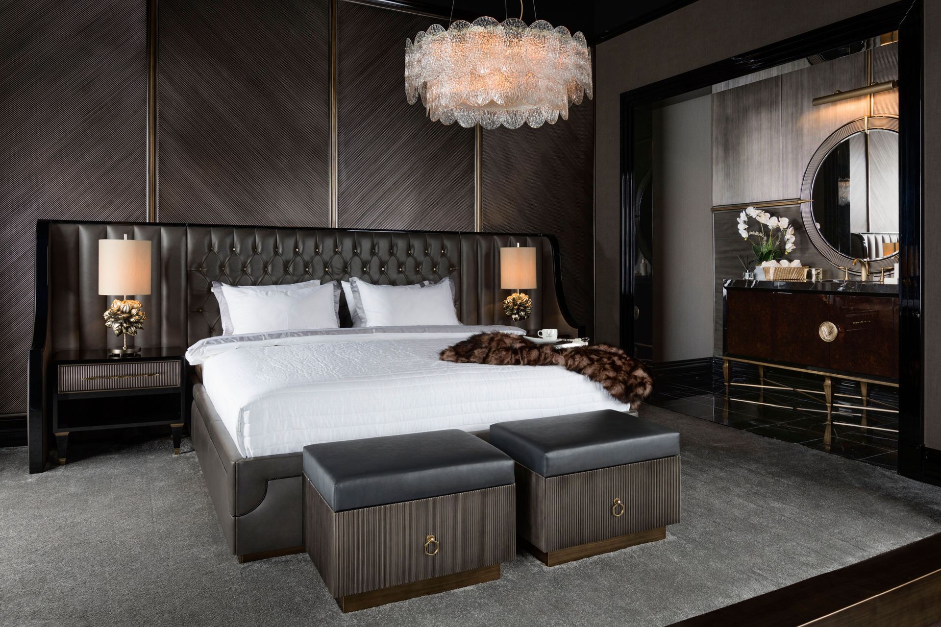 An opulent and practical choice at the foot of the bed with the Vogue Ottoman from DeLux Interiors.