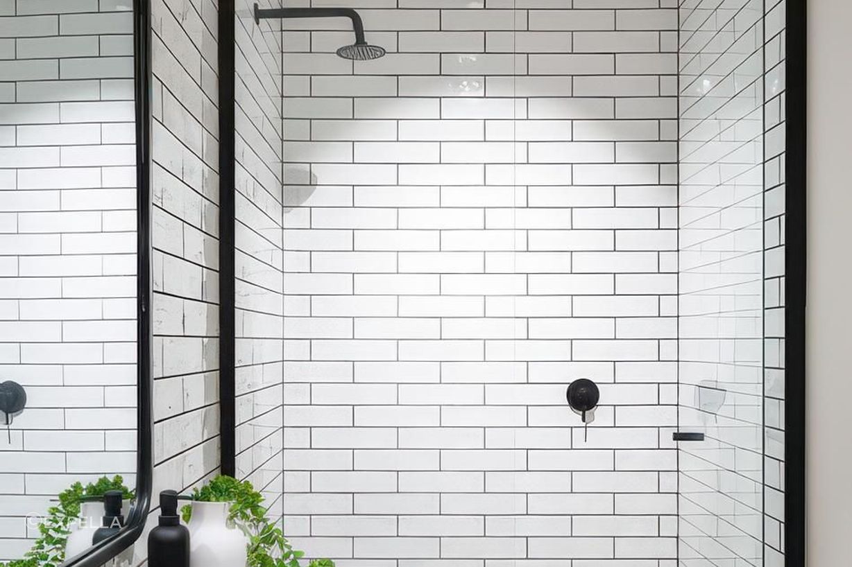 The brand newin the Waterloo Office are on-trend with the choice of subway tiles, a black framed shower screen and matt black tapware. Expella's Linear Slot Grille integrates discreetly into the ceiling and fits with the overall bathroom aesthetic.