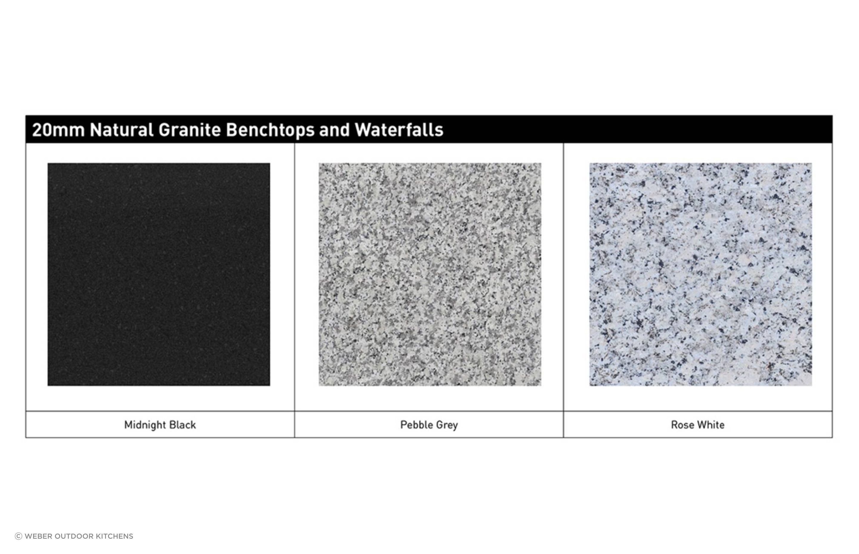Select from three colour options in our 20 mm natural granite benchtops and waterfalls.