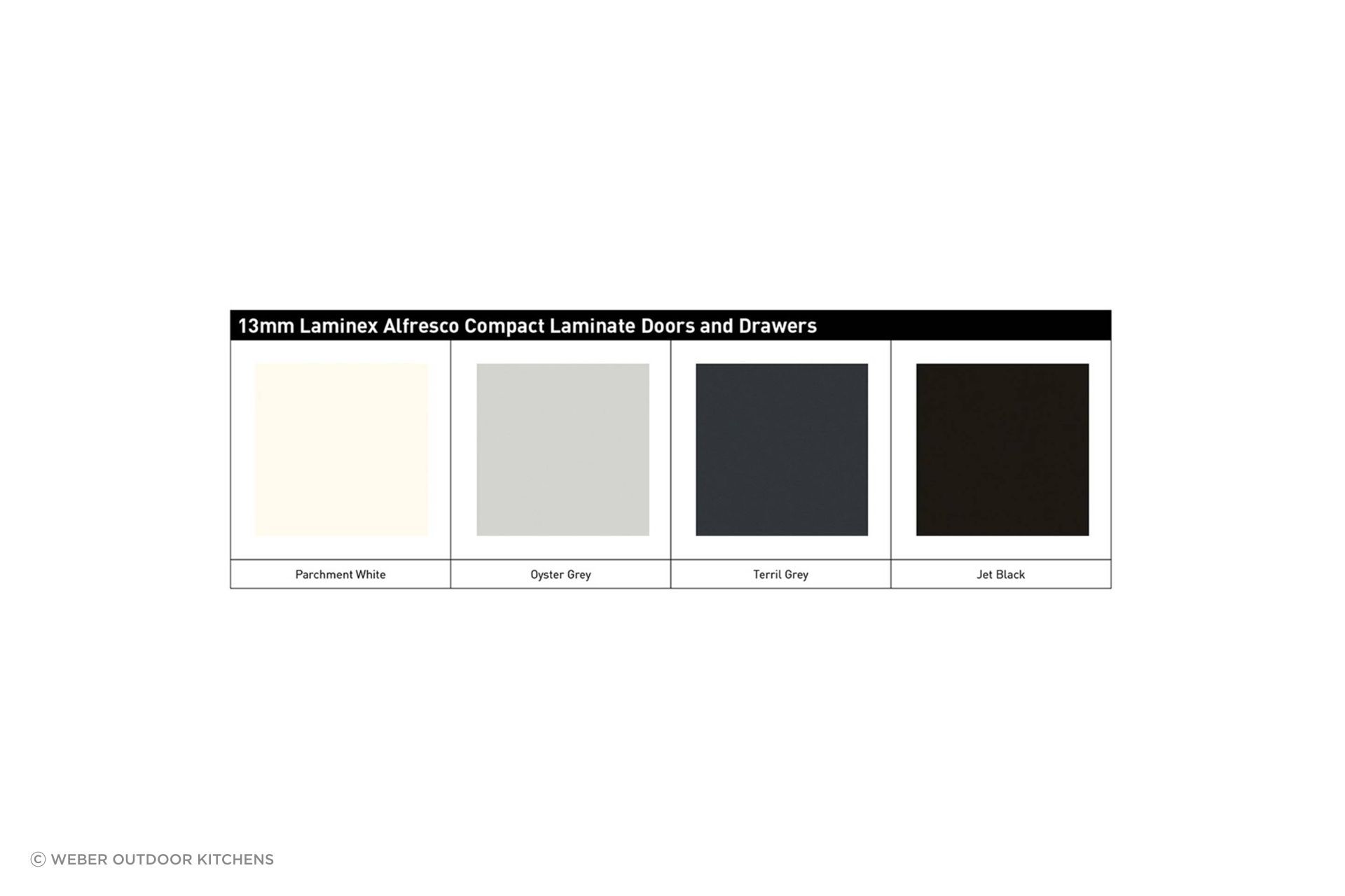 Select from a choice of 4 Laminex Alfresco compact laminate door and drawer finishes.