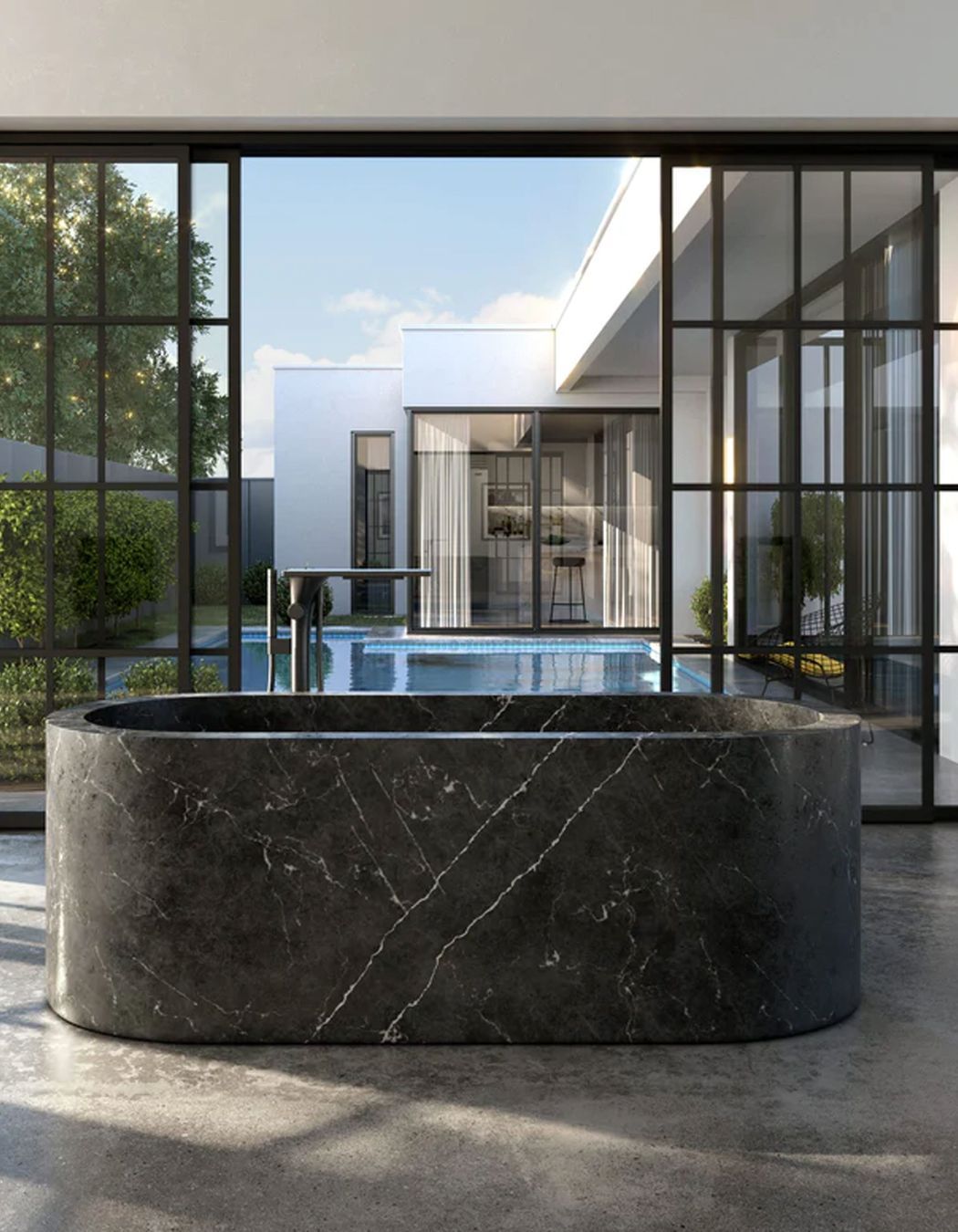 A marble bathtub showcases the mineral hardness of the material.