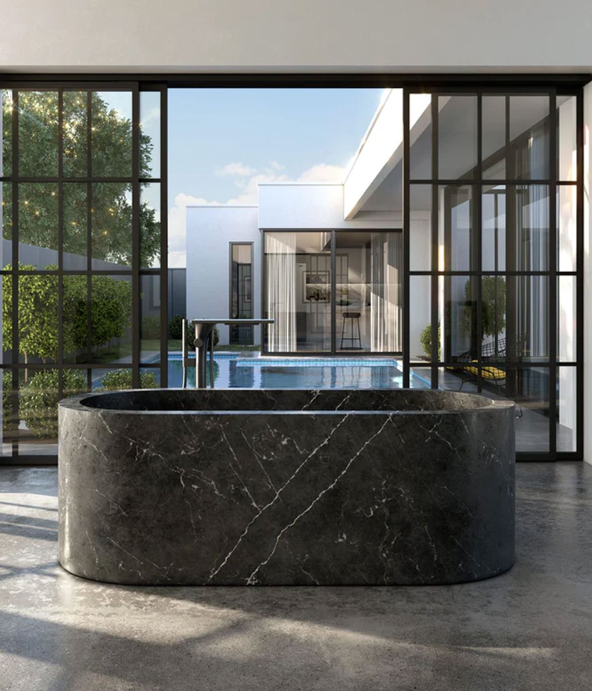 A marble bathtub showcases the mineral hardness of the material.