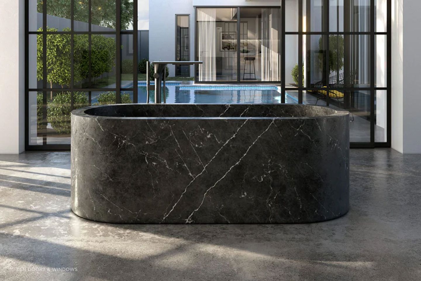 A marble bathtub showcases the mineral hardness of the material.