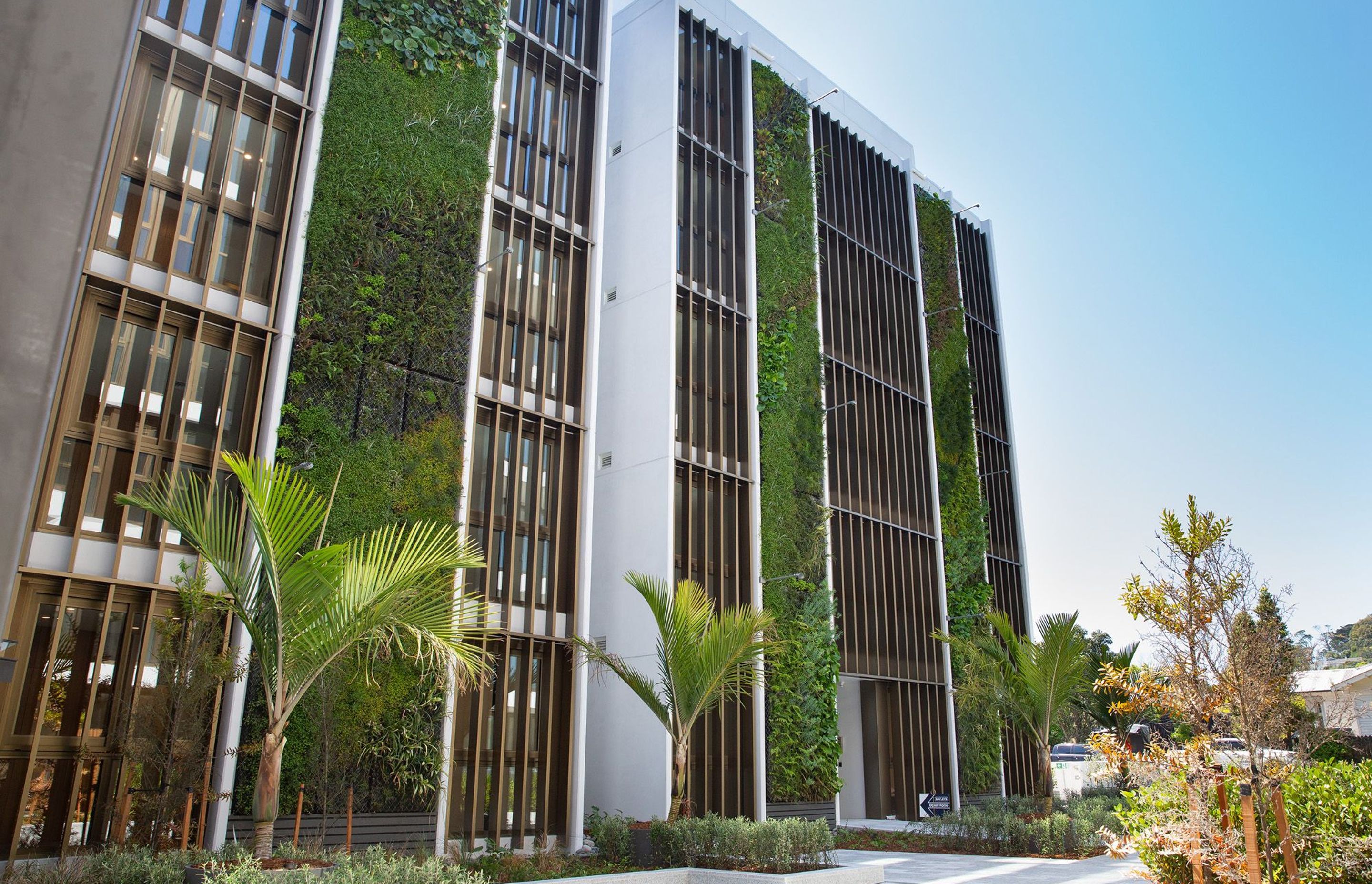 The green walls on St Mark’s Apartment building in Remuera earned the project the first-ever NZ Green Building Council residential green points for 'green' and covers a combined area of more than 110m² with more than 5000, mainly native, plants.