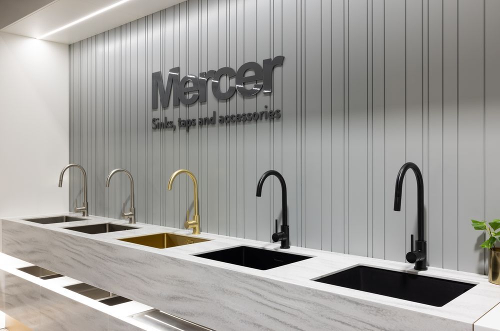 Mercer sinks, taps, and accessories are available in matching finishes for a cohesive look.