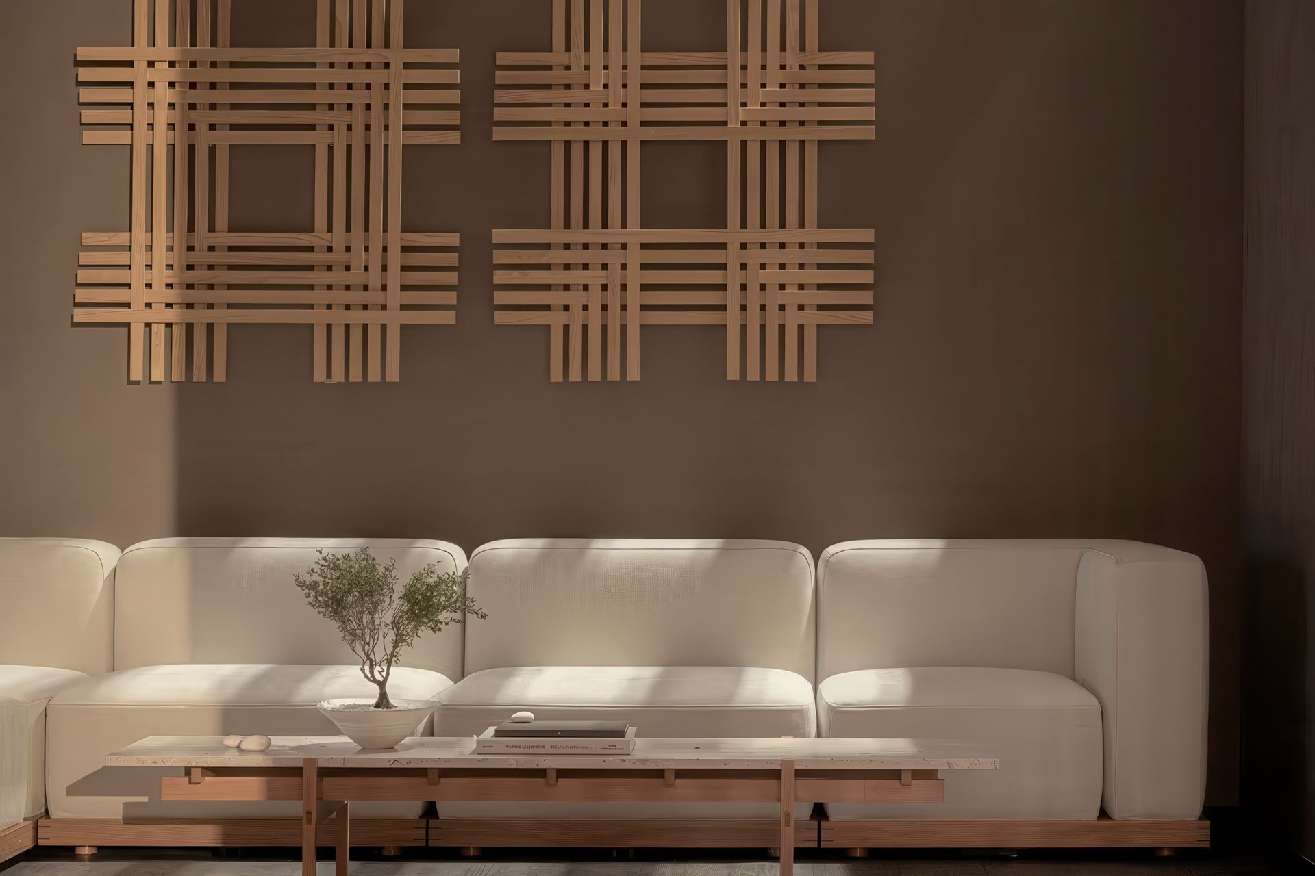 N-S02 Modular Sofa and N-CT01 Coffee Table paired with a contemporary wall sculpture by Sara Martinsen – please enquire for details.