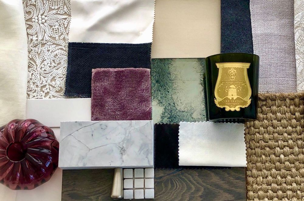 This materials board by Bridget Foley Design combines colour and texture in a sophisticated and timeless manner.