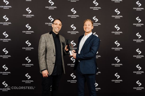 Thom Ibbotson and Camden Pyke from Yoke accept the COLORSTEEL award for Commercial Building of the Year.