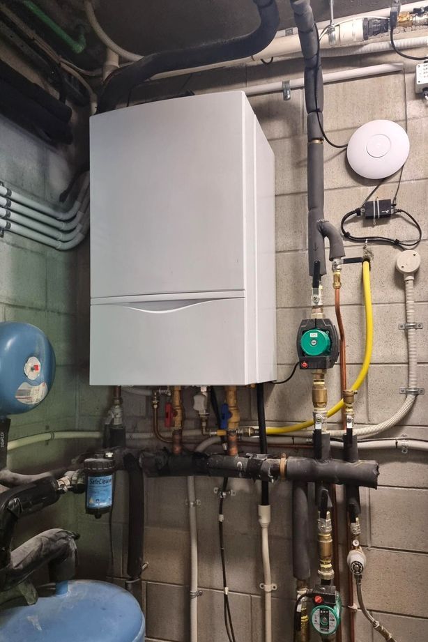 An existing gas boiler for underfloor, spa, and potable water heating.