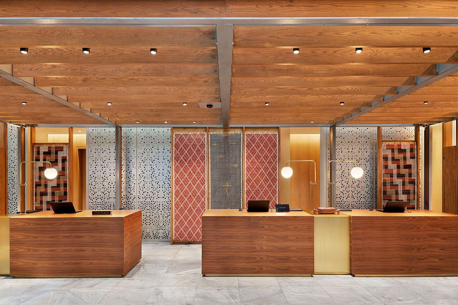 The Park Hyatt Auckland concierge adorned with Beronia Scott panels, captured by Jessica.
