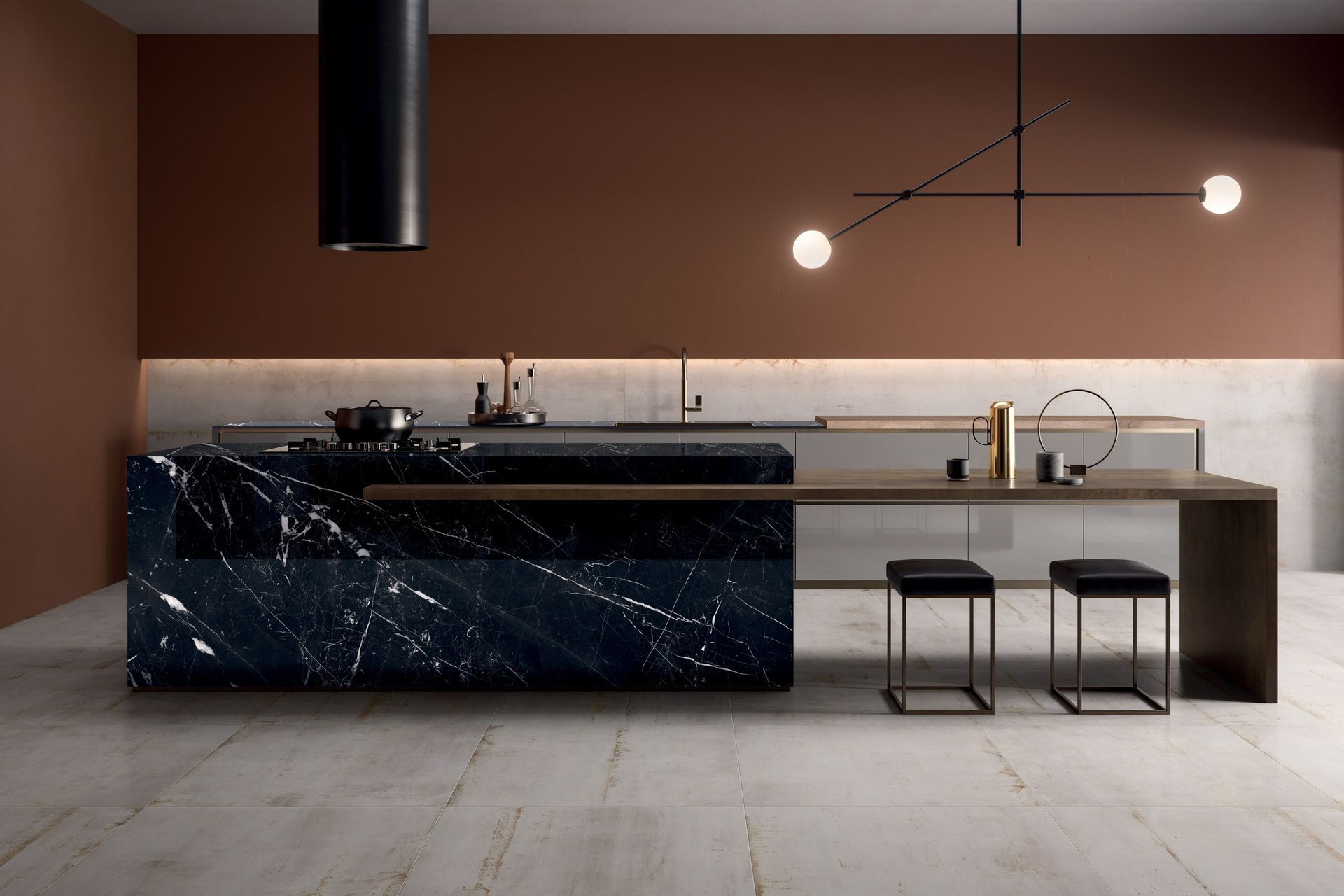 The sintered process of the porcelain slabs means they are ideal for kitchens. Hot pots and pans can be placed directly on work benches, and the surface is easy to clean.