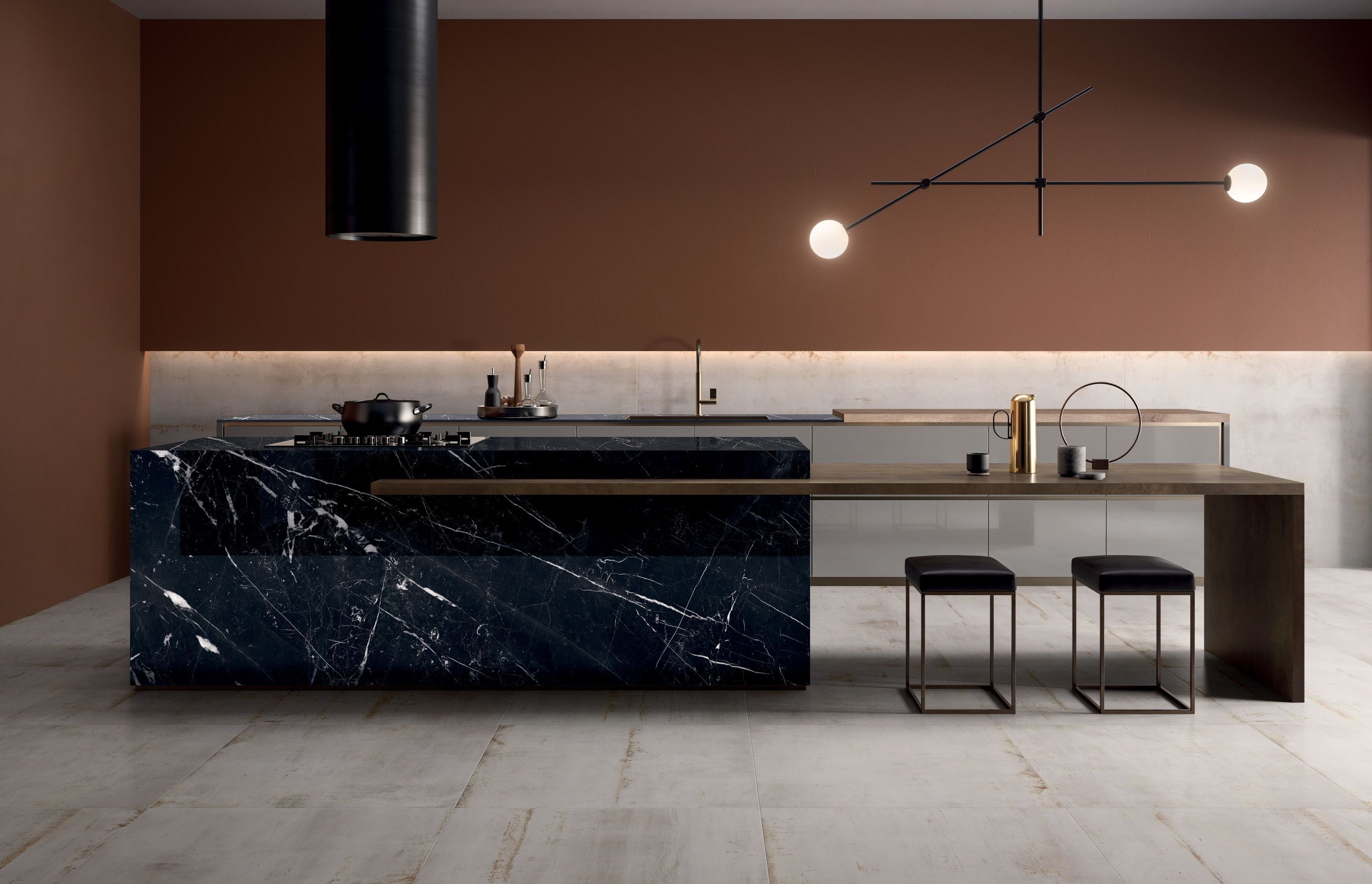 The sintered process of the porcelain slabs means they are ideal for kitchens. Hot pots and pans can be placed directly on work benches, and the surface is easy to clean.