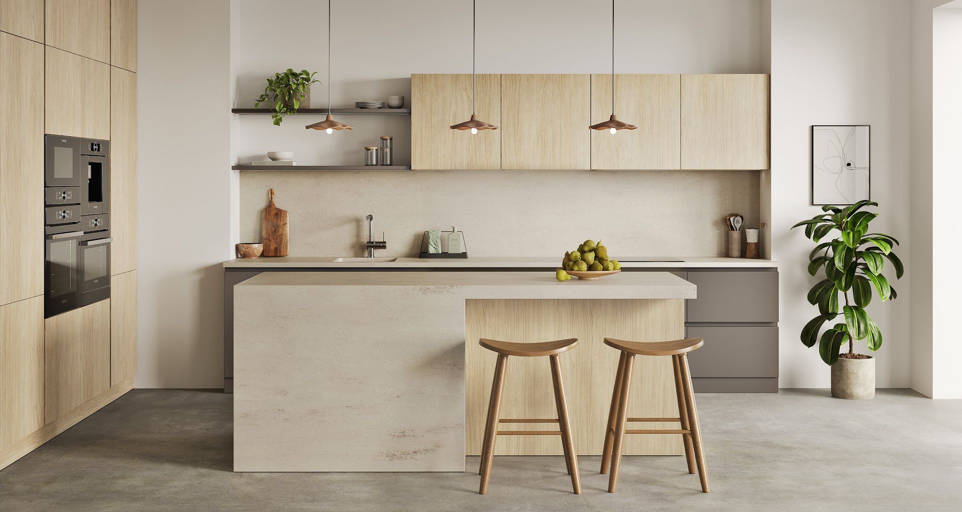 A warm, contemporary kitchen featuring DesignerOne’s realistic woodgrain and neutral surfaces — a refined, locally made solution for modern Australian interiors.