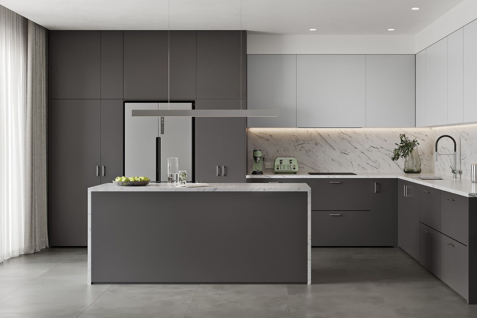 A sleek contemporary kitchen featuring DesignerOne’s solid colour range, offering a refined, durable surface solution for modern interior joinery.