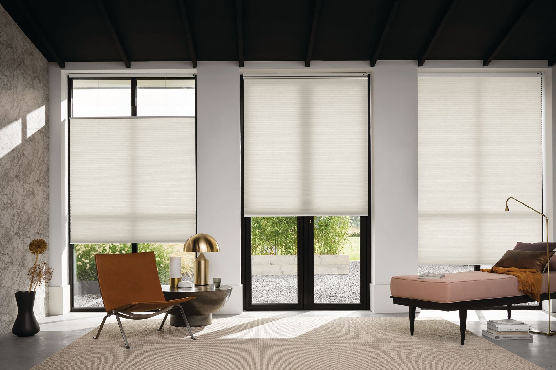 Luxaflex Duette Shades are made of two or more layers of pleated, reinforced fabrics bonded together and joined at the pleats to form compartments of trapped air. The overall effect is to help keep a home warm in winter and cool in summer.